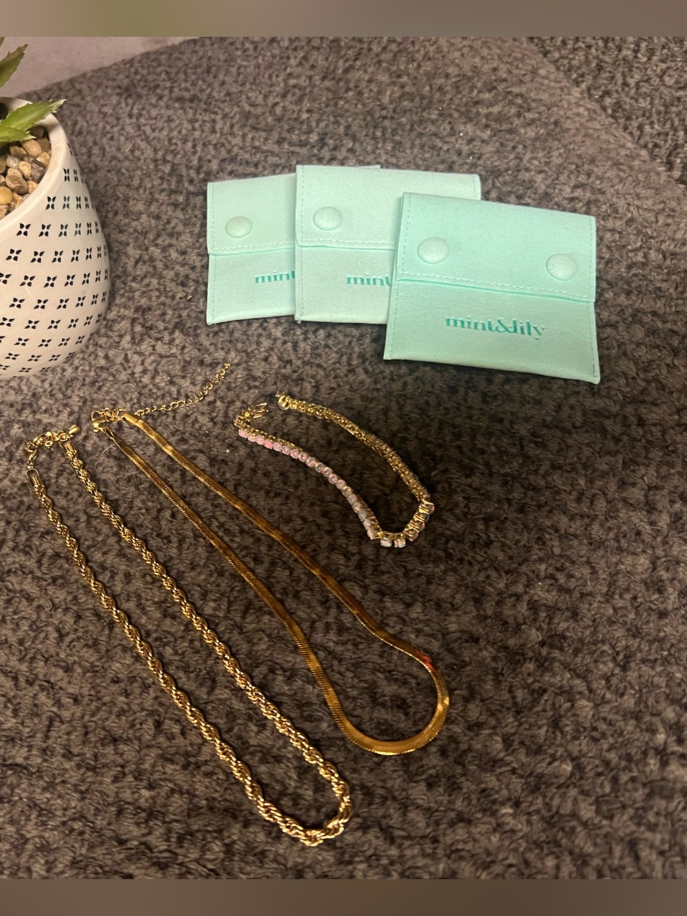 Mint & Lilly BUNDLE: 2 Gold Necklaces  with a turquoise Rhinestone Bracelet
